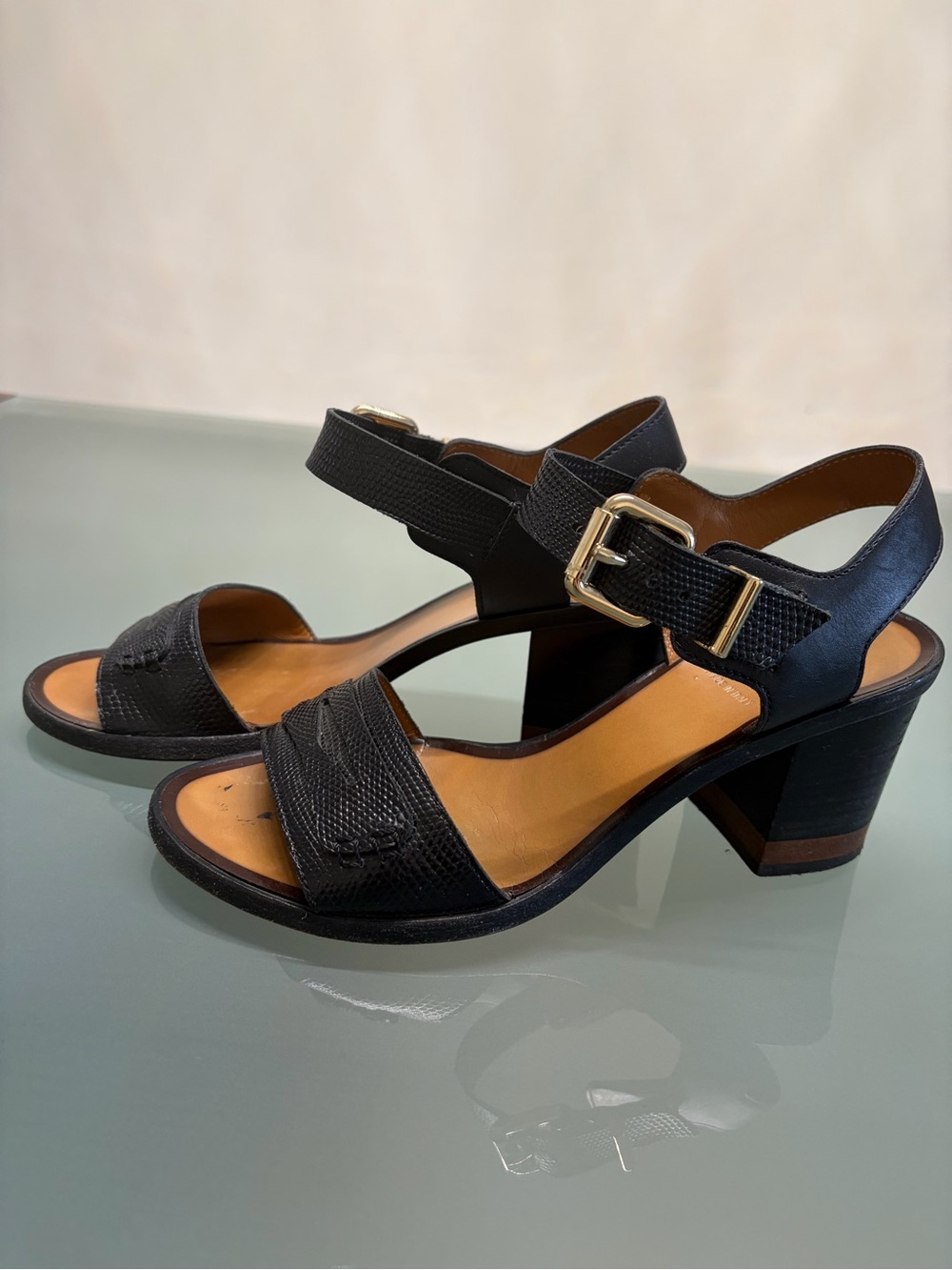 Fendi Black Leather Mid Block Heel Sandals with Gold Buckle sz 36.5